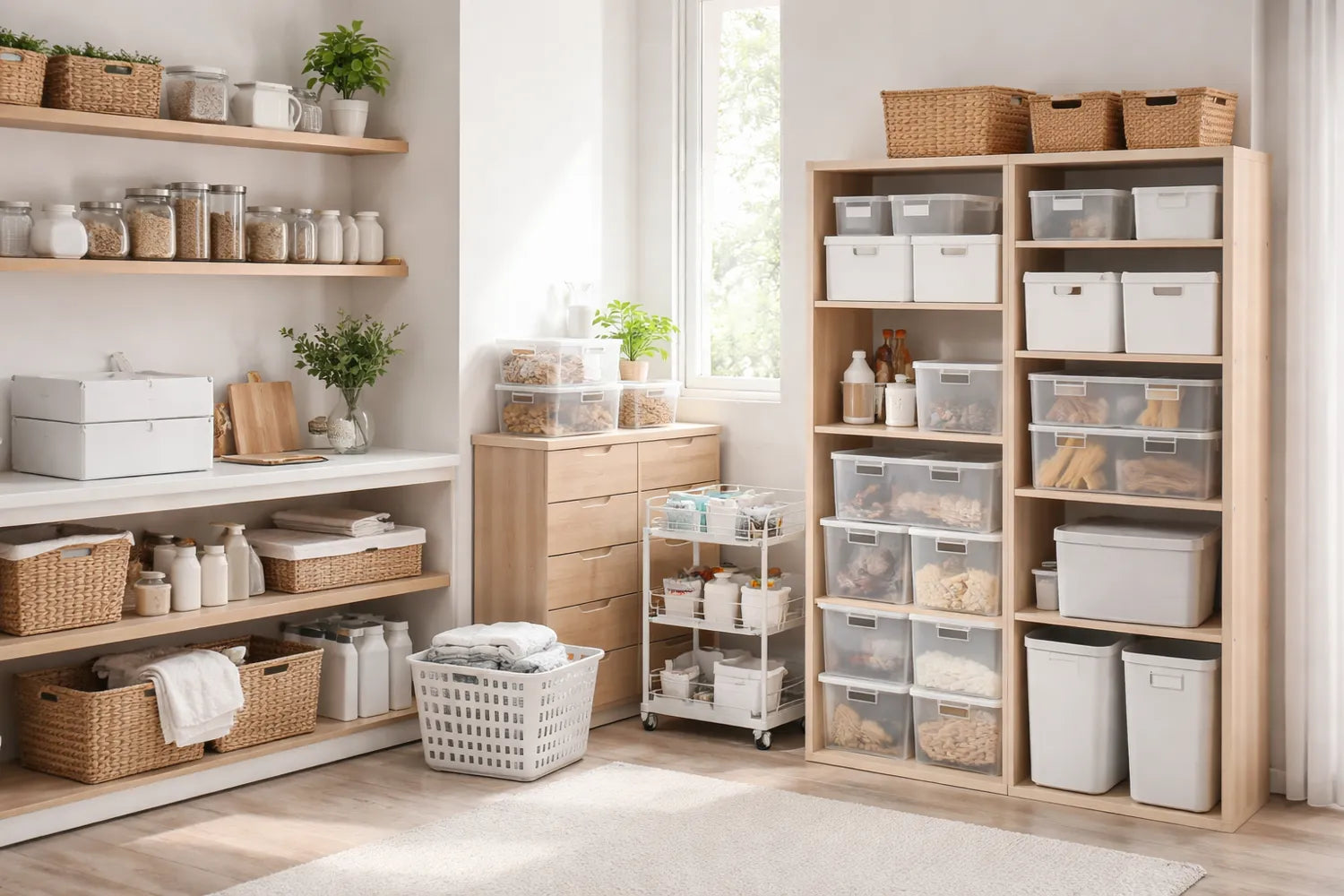 Haushaltsorganisation mit Aufbewahrungsdosen und Regalen
