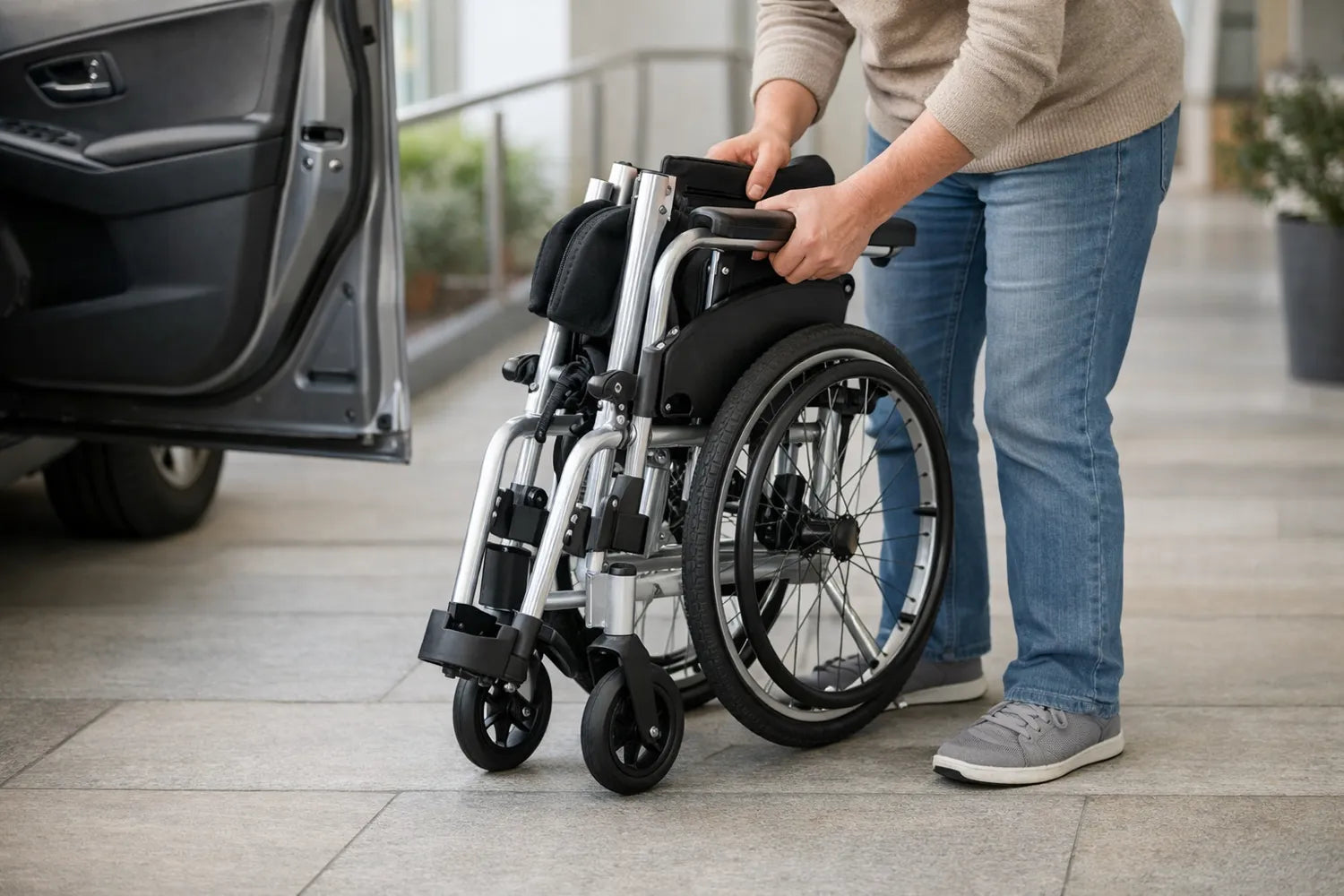 Faltbarer Rollstuhl aus Aluminium beim Zusammenklappen – kompakt, leicht und alltagstauglich für Transport