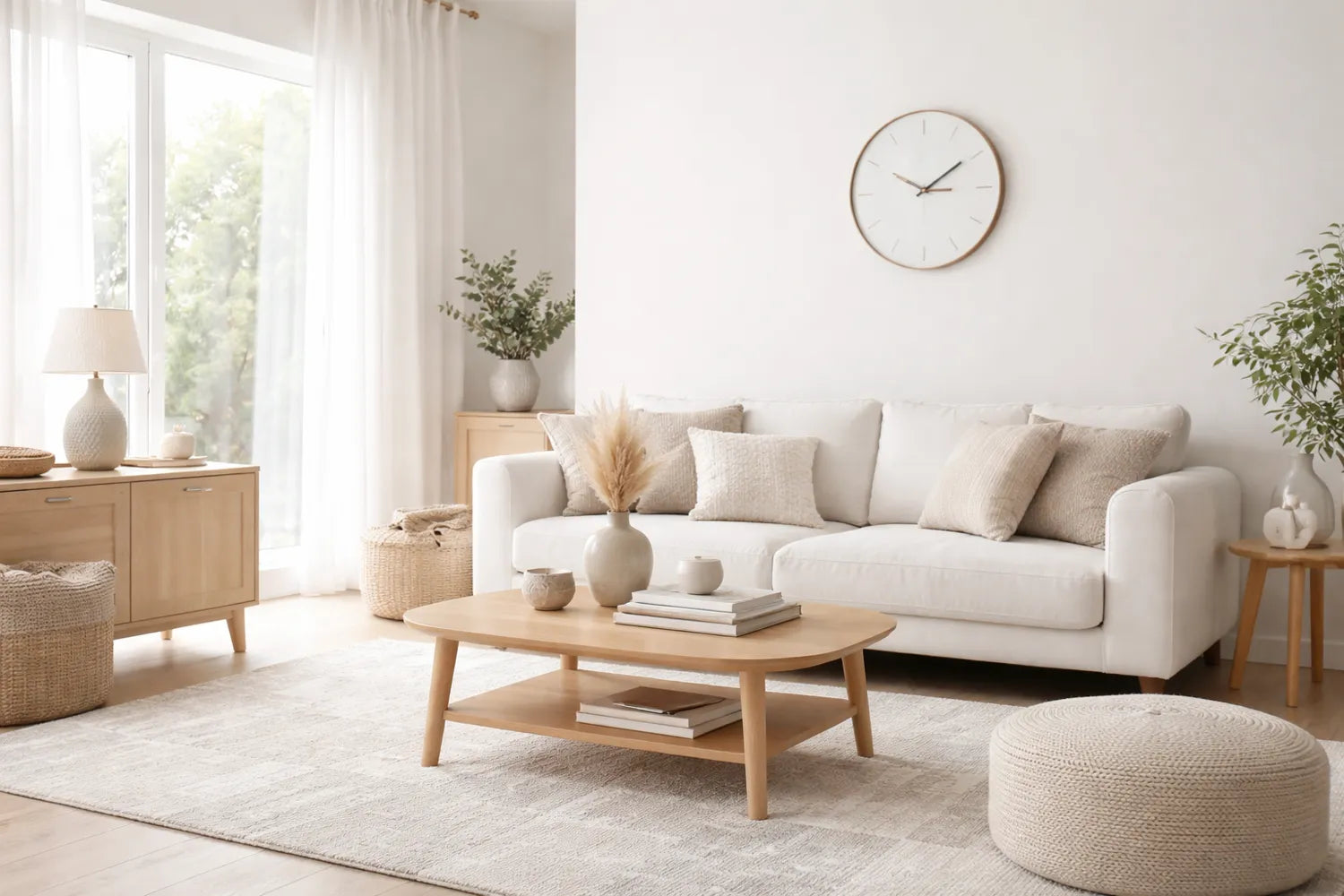 Wohnen: Helles Wohnzimmer mit Wanduhr, Sofa, Teppich und Deko auf Couchtisch – stilvolle Einrichtung für Zuhause