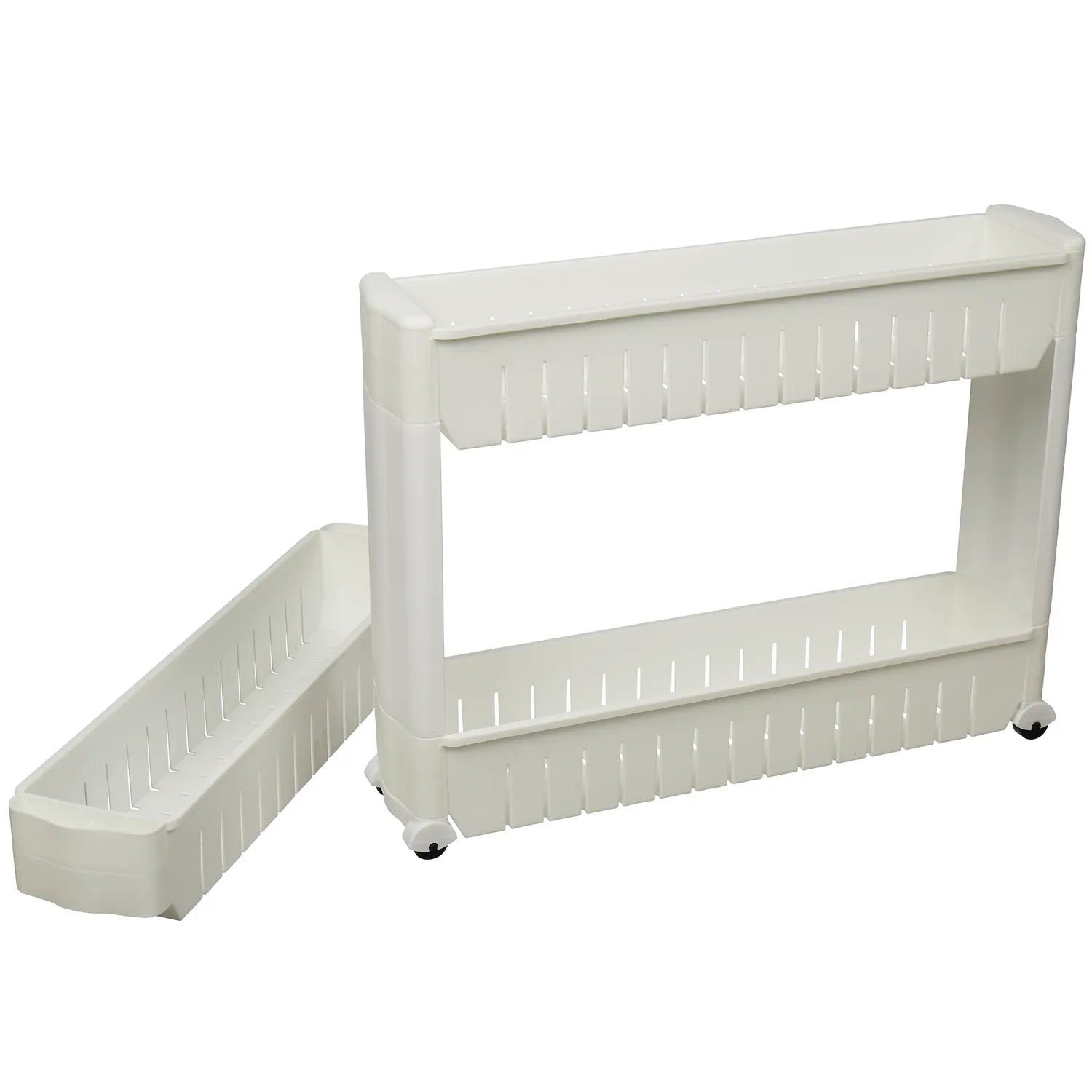 Platzsparregal „Mobil“ schmales Rollregal mit 3 Körben, weißer Nischenwagen auf Rollen für Bad & Küche