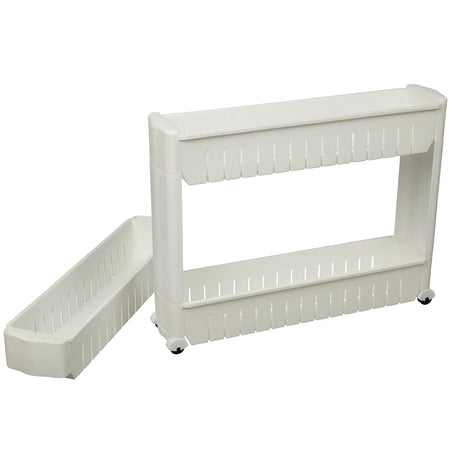 Platzsparregal „Mobil“ schmales Rollregal mit 3 Körben, weißer Nischenwagen auf Rollen für Bad & Küche