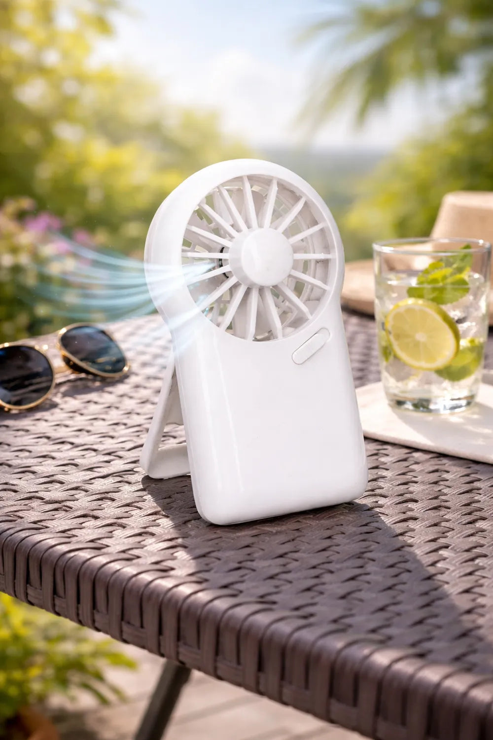 Mini-Ventilator als kompakter Handventilator auf Gartentisch, mobile Abkühlung für unterwegs und Alltag