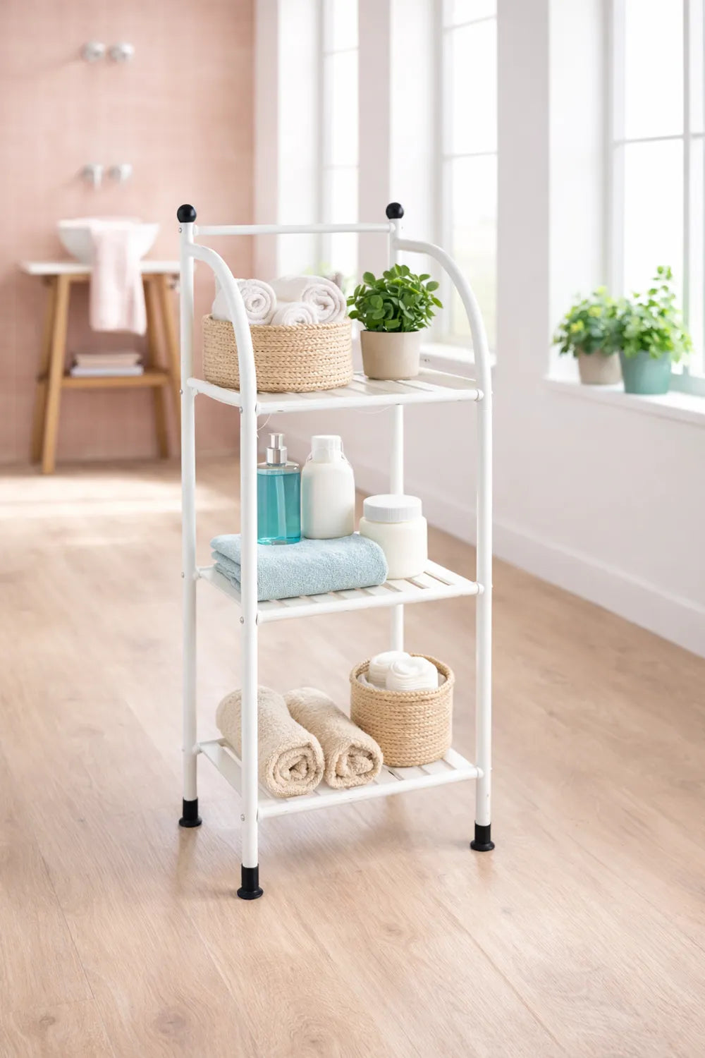 Multi-Haushaltsregal 3-fach aus Metall im Bad, platzsparendes Aufbewahrungsregal für Handtücher und Pflegeprodukte