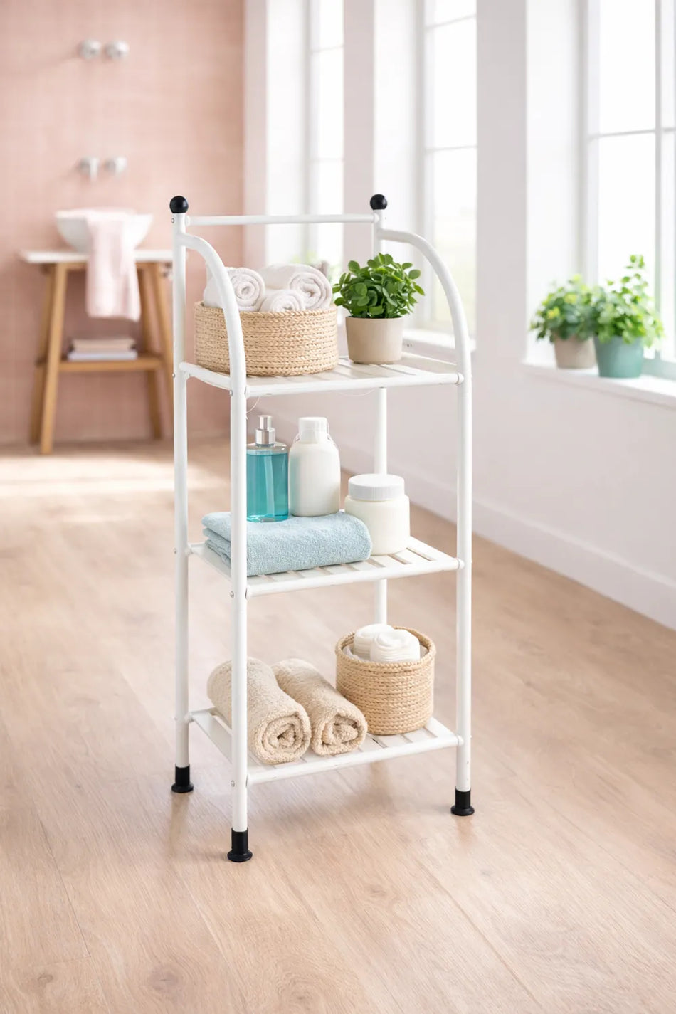 Multi-Haushaltsregal 3-fach aus Metall im Bad, platzsparendes Aufbewahrungsregal für Handtücher und Pflegeprodukte