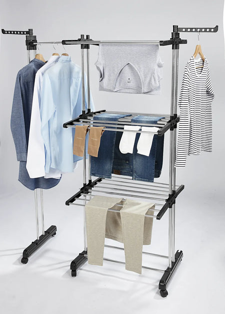 Turmwäschetrockner variabel mit 3 Ebenen und Rollen, platzsparender Wäscheständer zum Trocknen von Hemden, Jeans und Wäsche