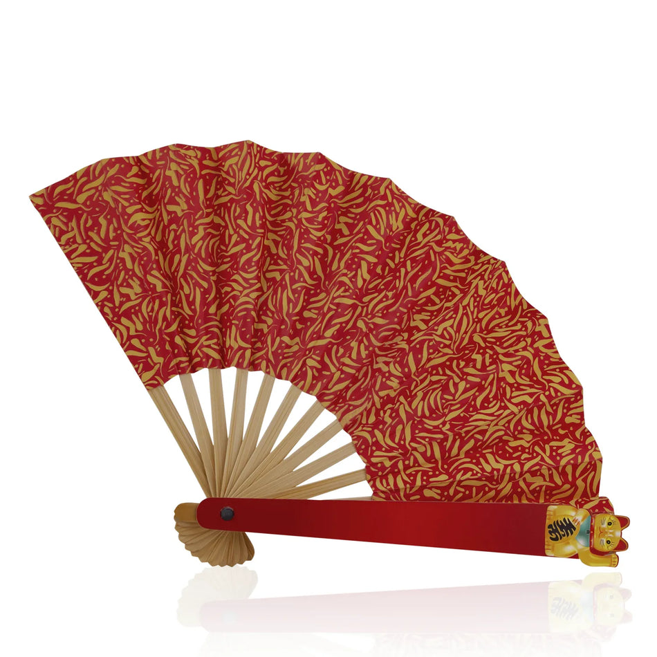 Nagelfeile mit Fächer rot-goldener Handfächer mit integrierter Nagelfeile, kompakte Nagelpflege und Abkühlung unterwegs