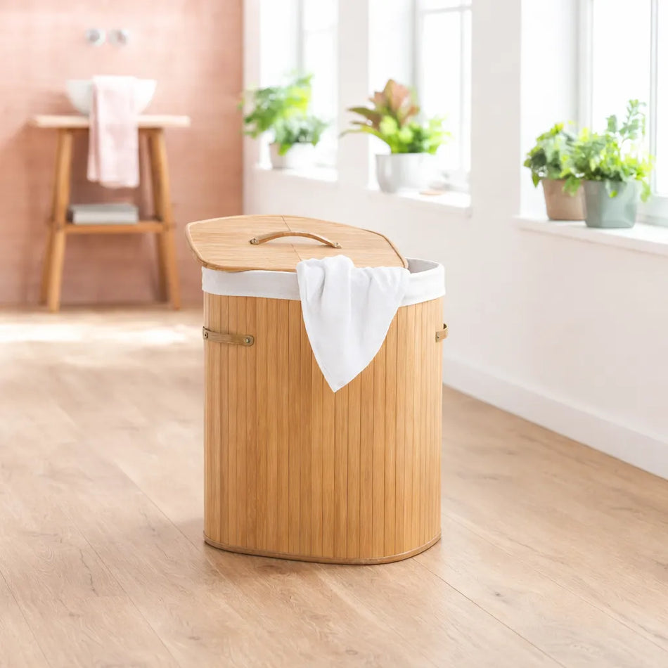 Bambus Wäschesammler mit Deckel, stabiler Wäschekorb aus Bambus mit Innensack, geruchsneutral im Badezimmer