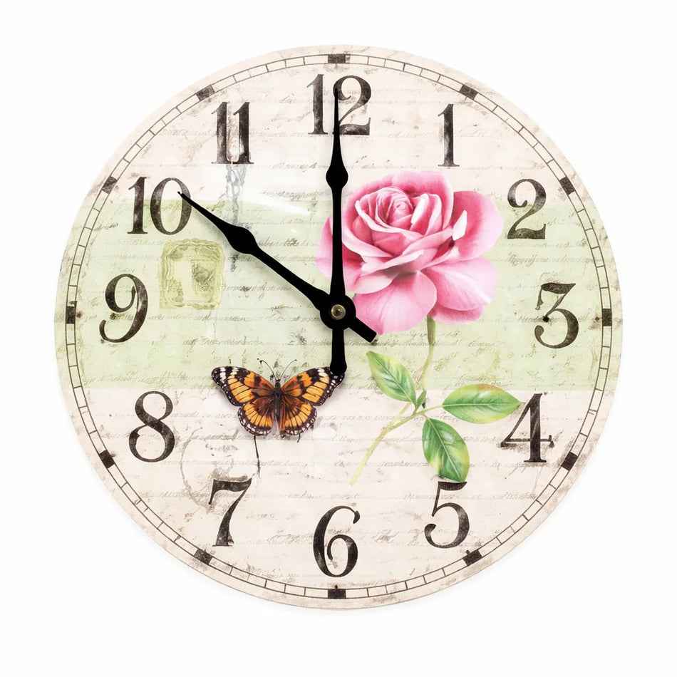Wanduhr Schmetterling im Vintage-Design Ø 34 cm mit Rosenmotiv und Schmetterling in Pastellfarben, romantische Dekouhr