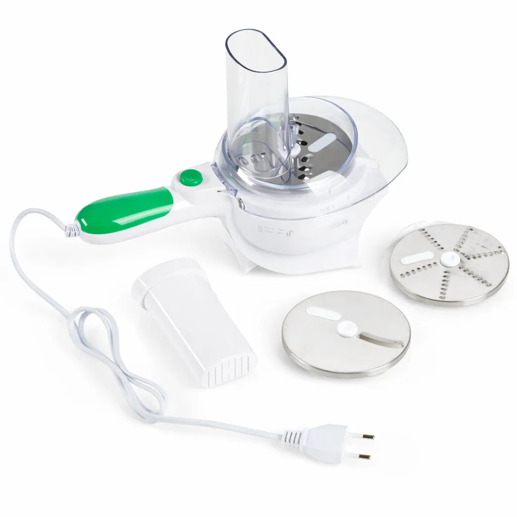 Elektrische Handreibe mit Auffangbehälter, Einfüllschacht und austauschbaren Reibescheiben – schnelles Reiben & Zerkleinern in der Küche