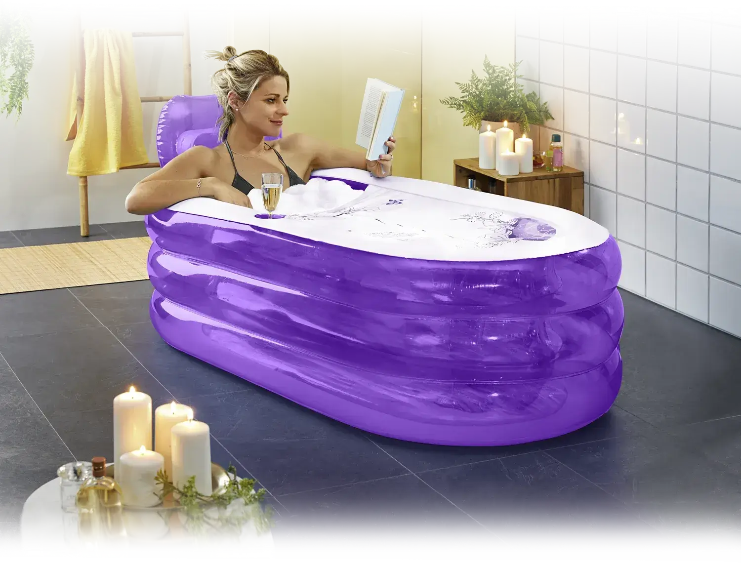 Aufblasbare Badewanne in Lila für Zuhause & Balkon – mobile Badewanne für Erwachsene, entspannen mit Kerzen im Badezimmer