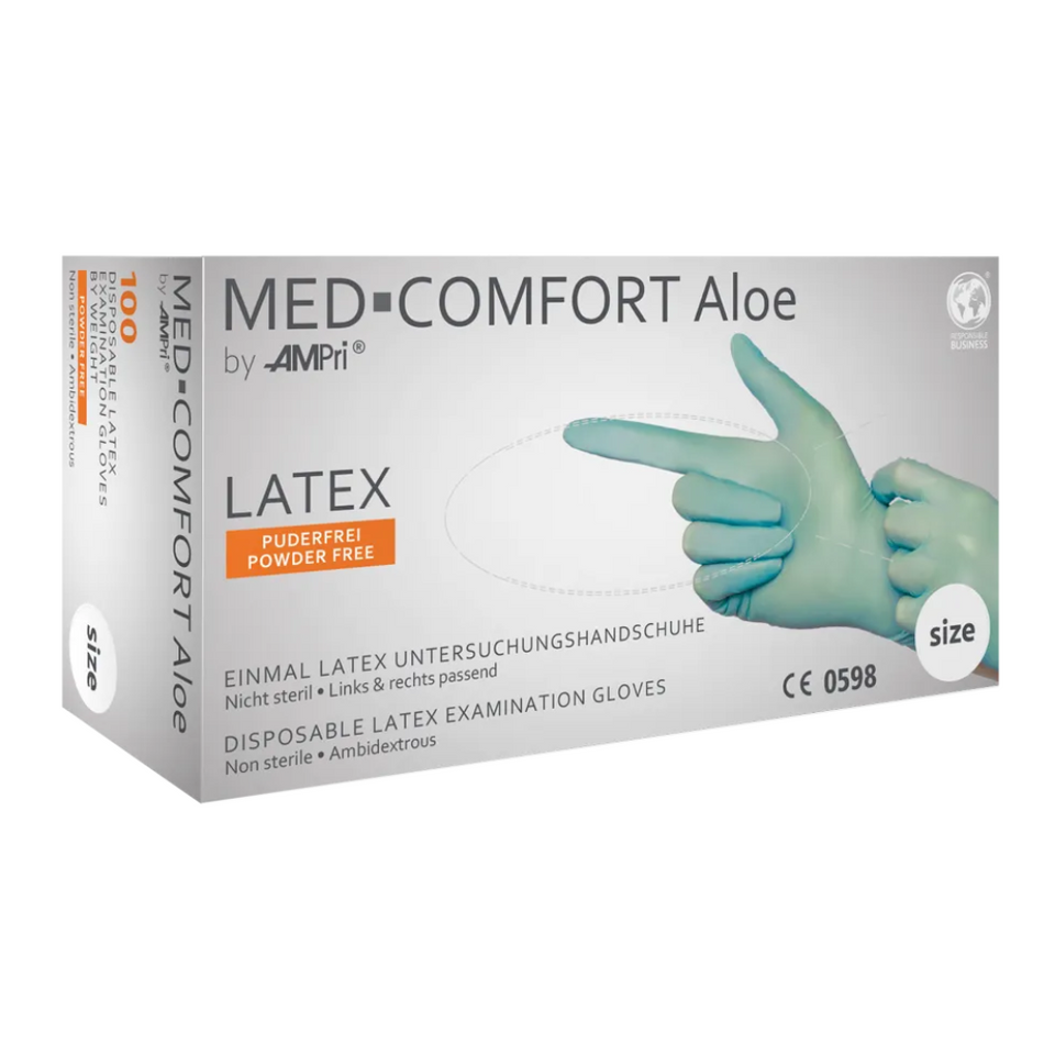 AMPri MED-COMFORT Aloe Latexhandschuhe puderfrei, mintgrün | Box (100 Stück)