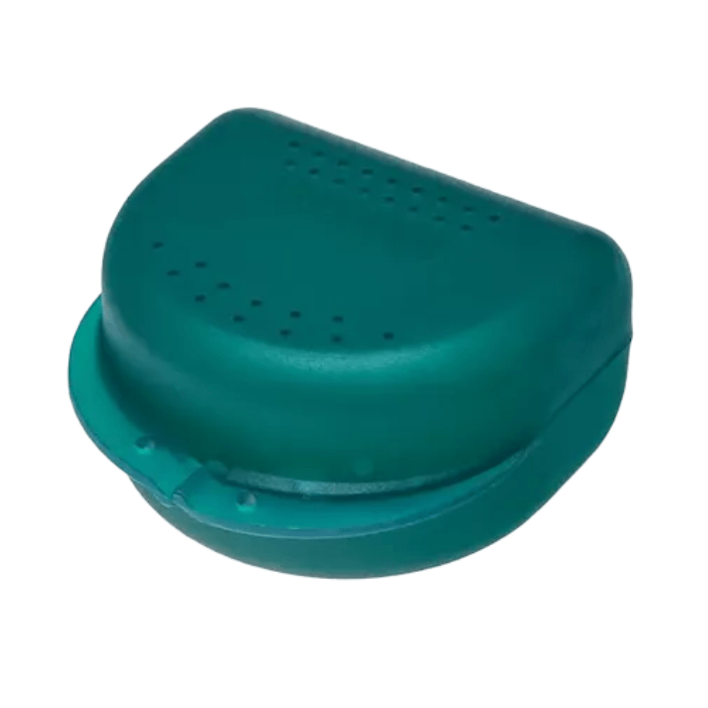 Zahnspangenbox AMPri Dental für Erwachsene, stabile PP Aufbewahrungsbox 80×80×45 mm, grün mit Belüftungslöchern