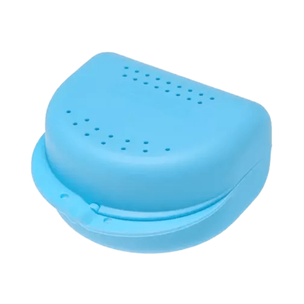 Zahnspangenbox Erwachsene AMPri Dental PP Aufbewahrungsbox 80x80x45 mm, stabil und hygienisch, blau mit Belüftungslöchern