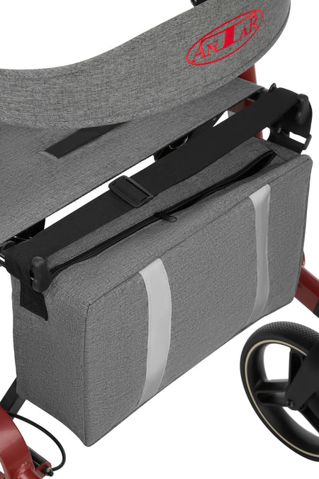 Leichter Aluminium Rollator faltbar mit Sitz & Bremse mit grauer Tasche am Rahmen, Detailansicht