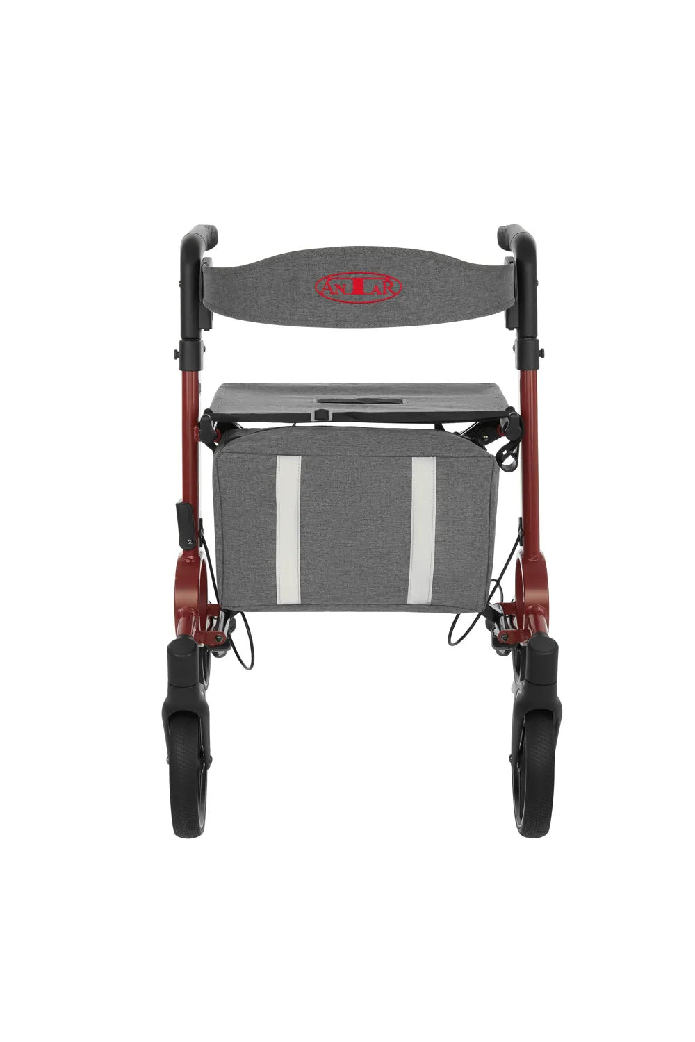 Leichter Aluminium Rollator faltbar mit Sitz & Bremse – Vorderansicht mit Tasche, stabilem Rahmen und großen Rädern