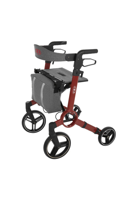 Leichter Aluminium Rollator faltbar mit Sitz & Bremse, roter faltbarer Rollator mit Sitzfläche, Handbremsen und Tasche
