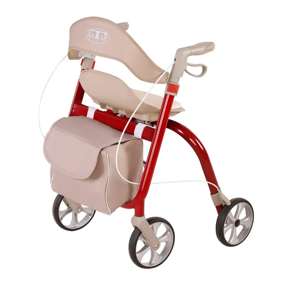 Aluminium rollator faltbar mit Sitz, Rückenlehne und Einkaufstasche, leichter Rollator aus Aluminium für Innen und Außen