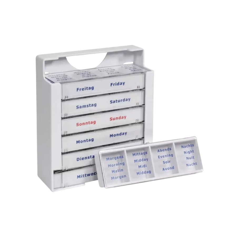 Tablettendispenser Med-Comfort weiß 375 x 225 x 40 mm zur hygienischen Tabletten-Organisation, Wochen- und Tagesfächer