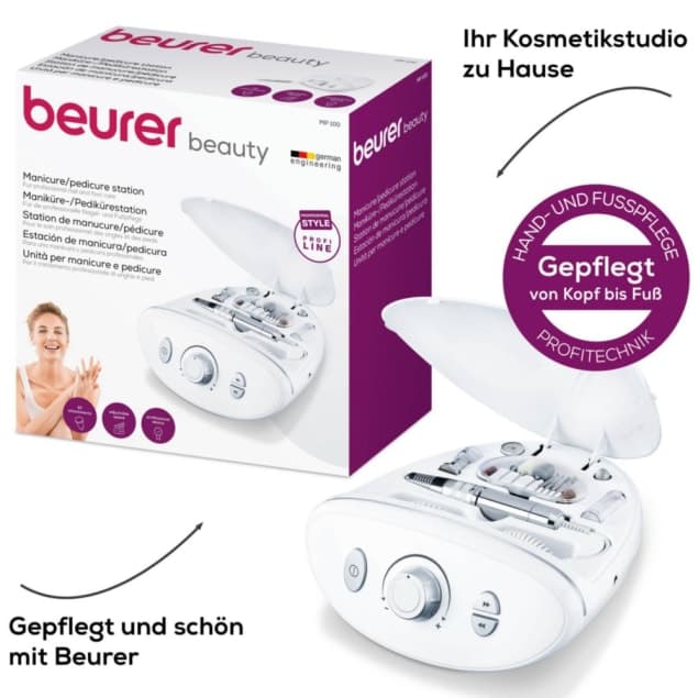 maniküre pediküre gerät Beurer MP 100 Profi-Station mit 20.000 U/min, Aufsätzen und Schutzhaube für Nagel- & Fußpflege