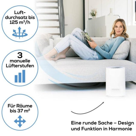 Luftreiniger mit HEPA-13-Filter im Wohnzimmer, für Räume bis 37 m², Luftdurchsatz 125 m³/h, 3 manuelle Lüfterstufen